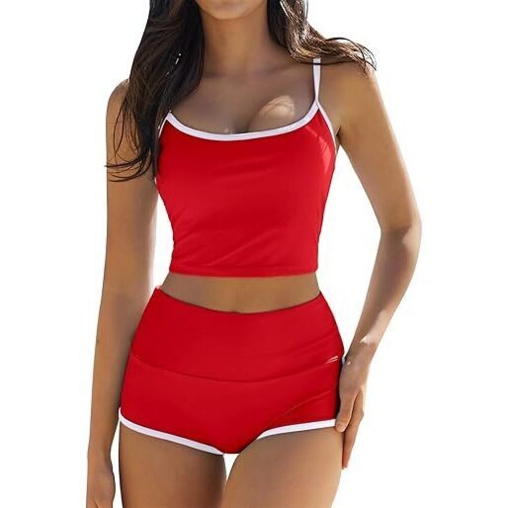Women's Red Two-Piece High-Waist Swim Set